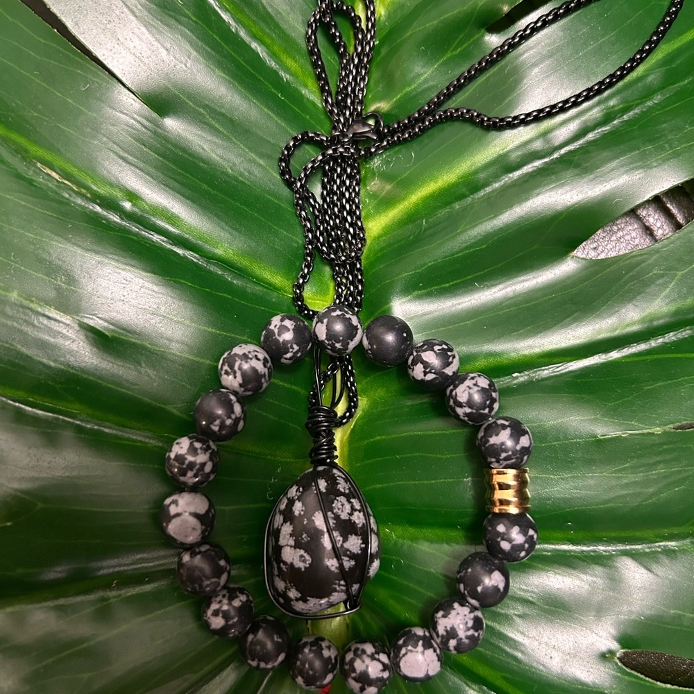 SNOWFLAKE OBSIDIAN handcrafted crystal wire wrapped pendant & bracelet gift set